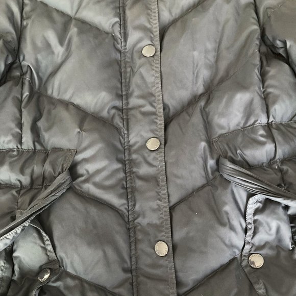 J Crew long puffer down jacket / winter coat / parka, navy, belt, hood, chevron - Picture 6 of 12